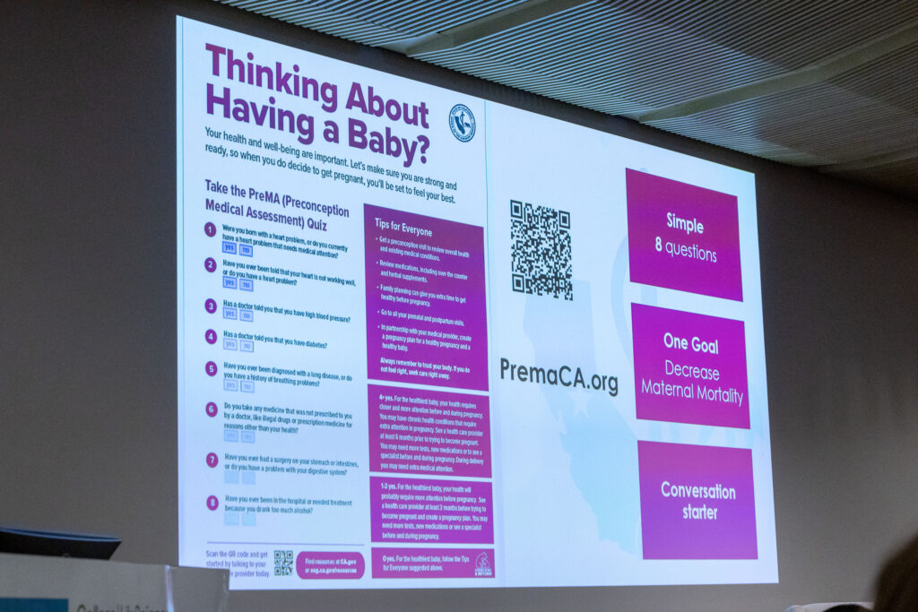 Presentation slide about preconception health titled "Thinking About Having a Baby?" with PreMA quiz questions, tips, and