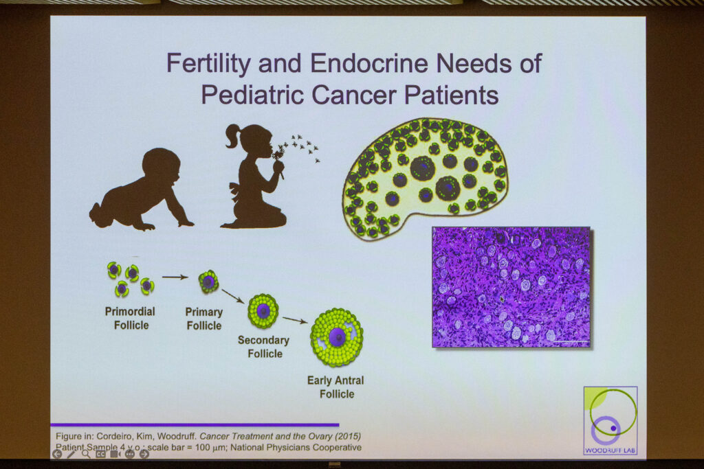 Presentation slide on fertility and endocrine needs of pediatric cancer patients, showing images of children, cellular models
