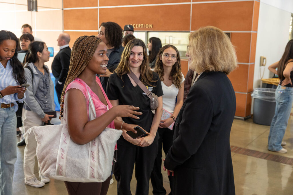 Dr. Teresa Woodruff speaks with attendees at the CRSHE Distinguished Speaker Series event on oncofertility.